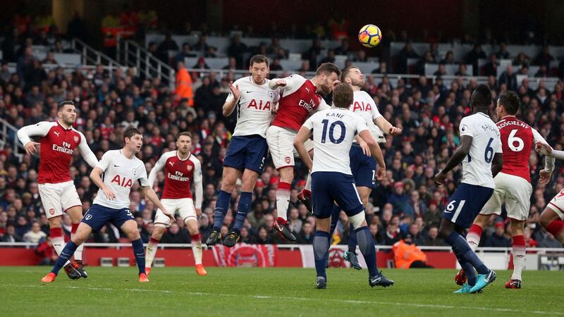 Arsenal’s Shkodran Mustafi score the opening goal of the game. Photograph: Jonathan Brady/PA