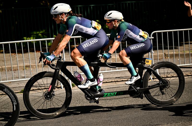 Josephine Healion (right), and pilot Eve McCrystal of Ireland during the women's B road race on Friday at the Paris 2024 Paralympic Games at Clichy-sous-Bois in Paris, France. Photograph: Harry Murphy/Sportsfile 