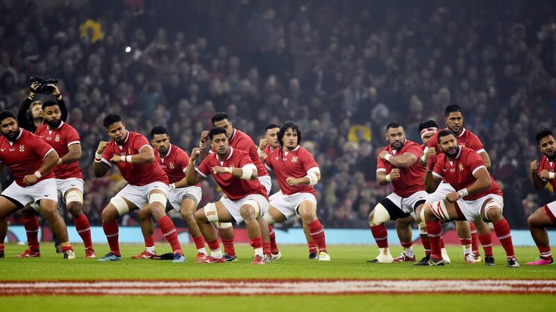 Tonga players perfrom the kailao before in Cardiff. Photograph: Rebecca Naden/Reuters