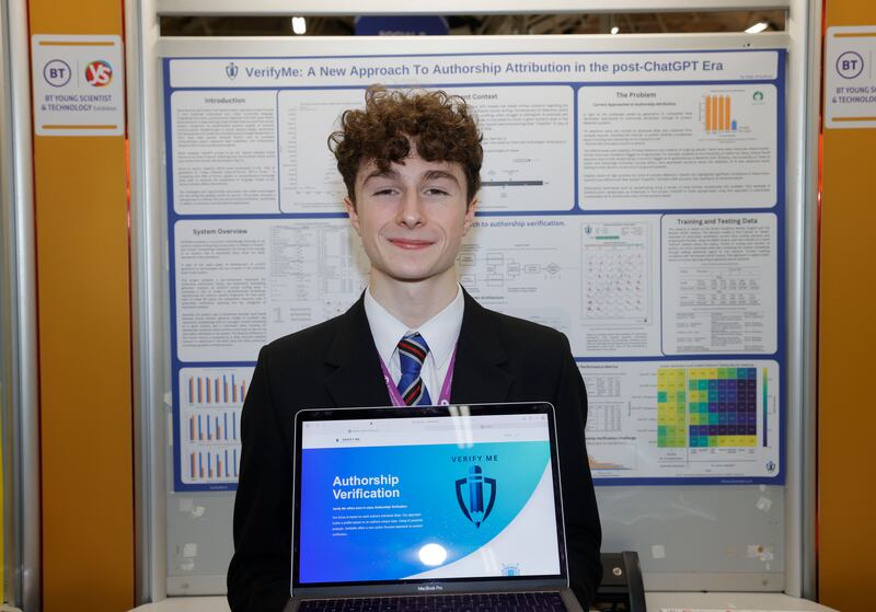 Seán O’Sullivan, from Coláiste Chiaráin in Limerick, developed software called VerifyMe which seeks to authenticate authorship in the post-ChatGPT era. Photograph: Alan Betson
