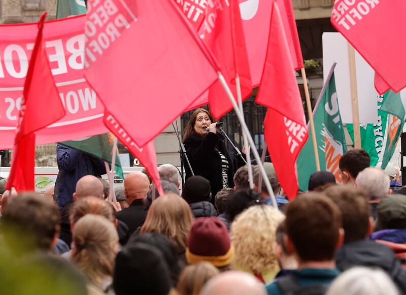 Louise Bayliss, spokesperson and founding member of Spark, addressing the Cost of Living Coalition demonstration outside the Dáil.  Photograph: Alan Betson

