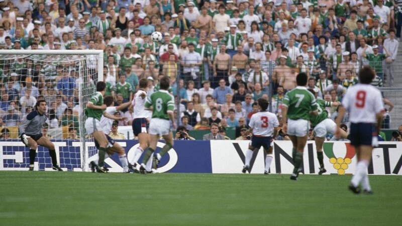 Euro 88: Ray Houghton (second right) heads Ireland’s winner past Peter Shilton. Photograph: Bob Thomas/Getty Euro 88: Ray Houghton (second right) heads Ireland’s winner past Peter Shilton. Photograph: Bob Thomas/Getty