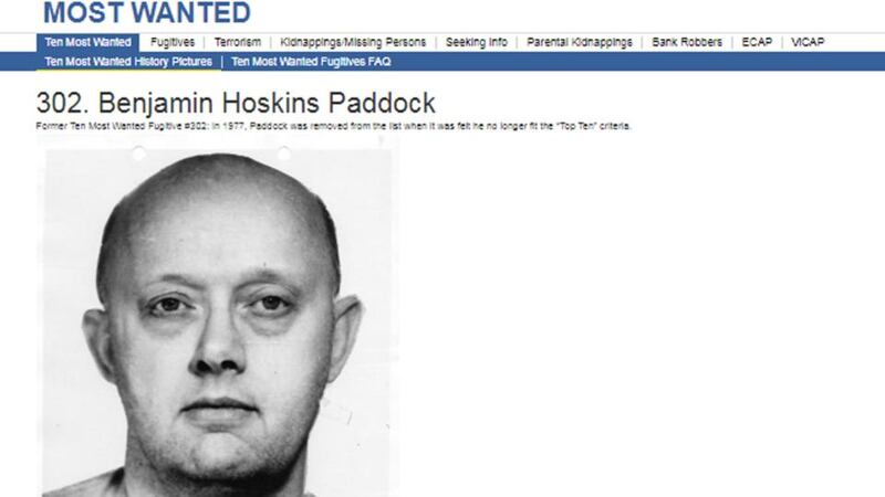 Undated handout   issued by the FBI of an archival web  page from their most wanted list, of Benjamin Hoskins Paddock,  father of Stephen Paddock. Image:  FBI/PA Wire
