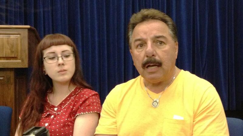 Bearing witness: Emma Barker-Lasar, whose great-uncle died at the north tower of the World Trade Center, and Joe Torrillo, a retired New York firefighter who was injured when the towers fell. Photograph: Simon Carswell