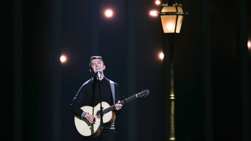 Ryan O’Shaughnessy representing Ireland with ‘Together’ performs during the Eurovision final in Lisbon. Photograph: Jose Sena Goulao/EPA