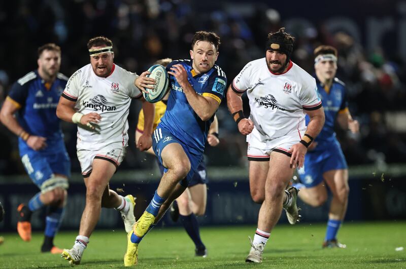 Leinster’s Hugo Keenan makes a break against Ulster. Photograph: Inpho
