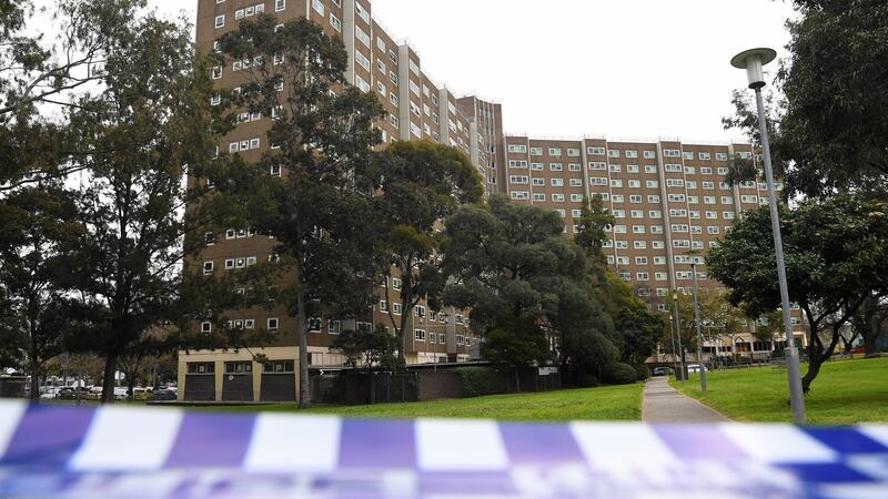The public housing towers along Alfred Street in Melbourne, Australia under complete lockdown. Photograph: James Ross/EPA