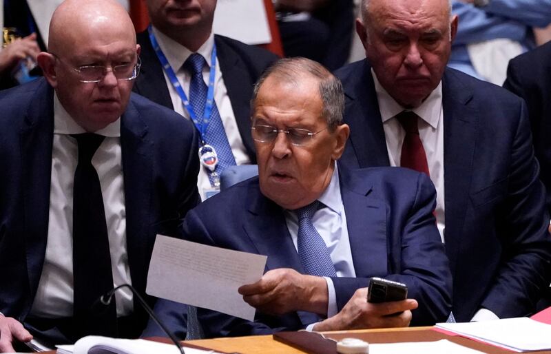 Russian foreign minister Sergei Lavrov attends a UN Security Council meeting on Ukraine. Photograph: Timothy A Clary/AFP via Getty Images