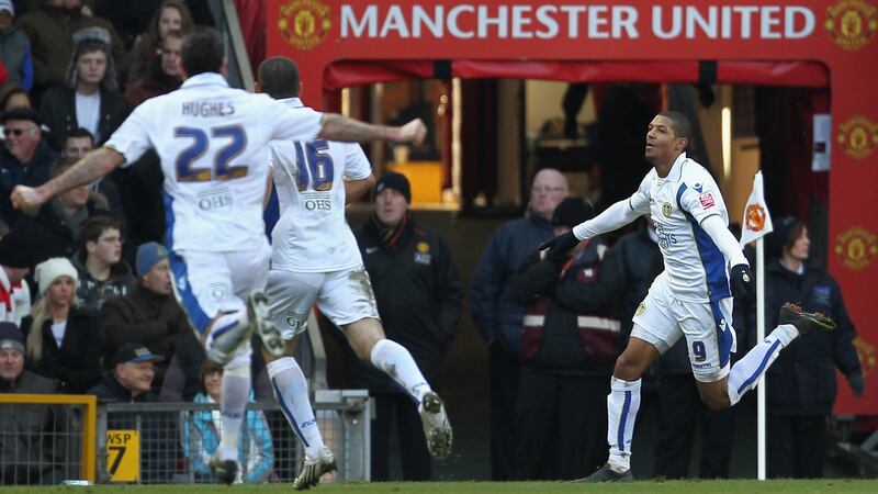 Jermaine Beckford ceebrates scoring  for  Leeds United during the FA Cup third-round match against Manchester United at Old Trafford. Photograph: Alex Livesey/Getty Images