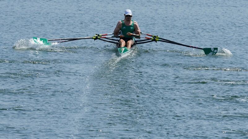 Ronan Byrne and Philip Doyle compete in the men’s double scull repechage. Photo: Darron Cummings/AP Photo