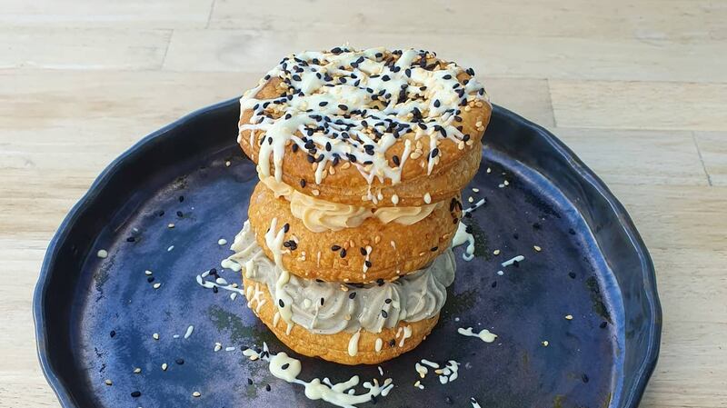 White chocolate and caramelised whey on a crusty round of puff pastry