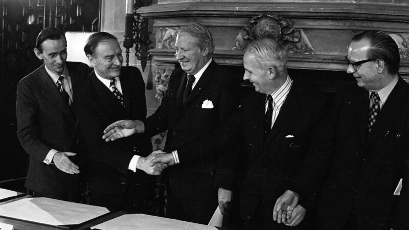 British prime minister Edward Heath, centre, with, from left, Alliance’s Oliver Napier, taoiseach Liam Cosgrave, unionist leader Brian Faulkner and SDLP leader Gerry Fitt sign the Sunningdale,   agreement in December 1973. Photograph: Independent News and Media/Getty Images