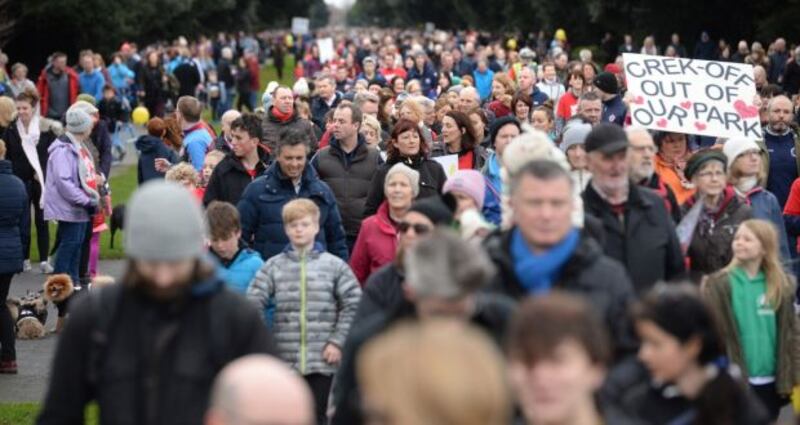 Protesters against the building of 536 residential units on playing fields at St Anne’s Park. Photograph: Dara Mac Dónaill