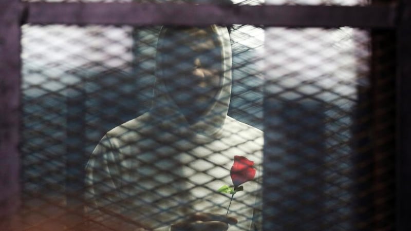 A defendant holds a rose during the retrial of activist Alaa abdel Fattah and others at a court in Cairo earlier this month. Alaa abdel Fattah was arrested along with 20 other people on charges of breaking a law that bans protests without a police permit. Photograph: Asmaa Waguih/Reuters