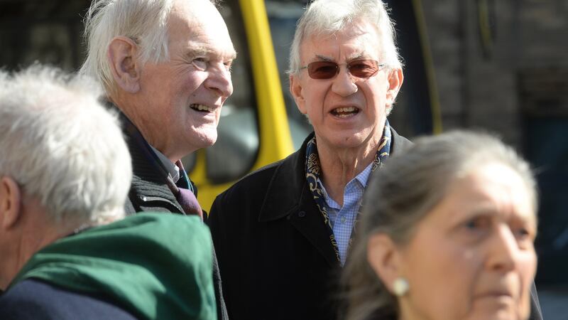 Actors Des Keogh and Barry McGovern at the funeral of actor Pat Laffan at St. Michael’s church in Dún Laoghaire. Photograph: Dara Mac Dónaill