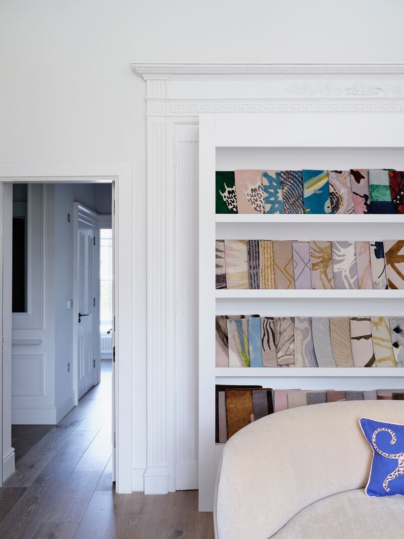 The Rug Company sample library on bookcase at Maoliosa Murray’s showroom apartment. Photograph: Simon Watson