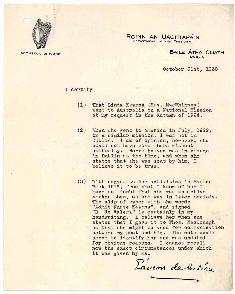 A signed typed letter from Eamon de Valera  regarding details of Linda MacWhinney’s service – an extract from Linda Kearns MacWhinney’s application under the Military Service Pensions Act, 1934