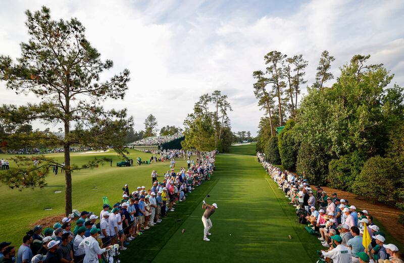 Rory McIlroy plays his shot from the 18th tee during the first round on his way to a level-par 72. Photograph: Michael Reaves/Getty Images