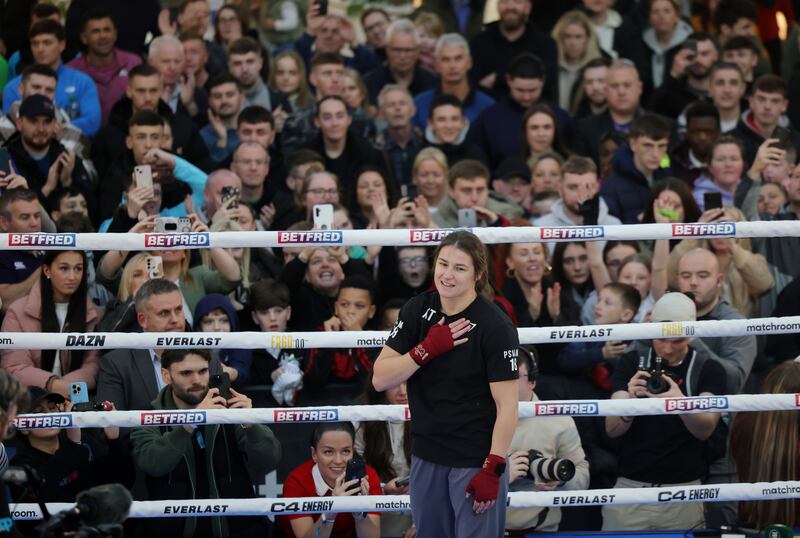 Boxer Katie Taylor during her public workout at Liffey Valley Shopping Centre in advance of her fight against Chantelle Cameron. Photograph: Alan Betson