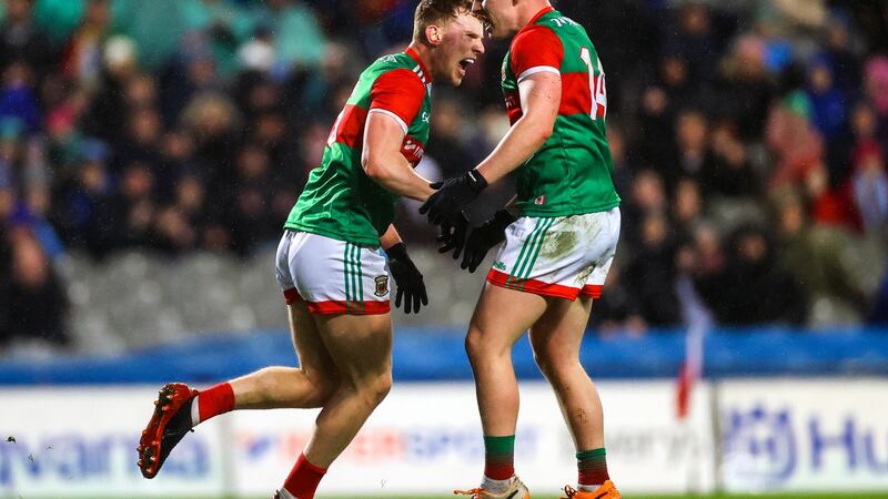 Aidan Orme celebrates scoring Mayo’s second goal with Ryan O’Donoghue. Photograph: James Crombie/Inpho