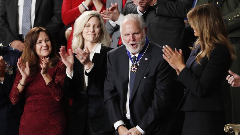Rush Limbaugh reacts along with his wife Kathryn (second from left), former US second lady Karen Pence and former US first lady Melania Trump (right) as former US president Donald Trump announces the awarding of the Presidential Medal of Freedom in Washington DC in February 2020. File photograph: Shawn Thew/EPA