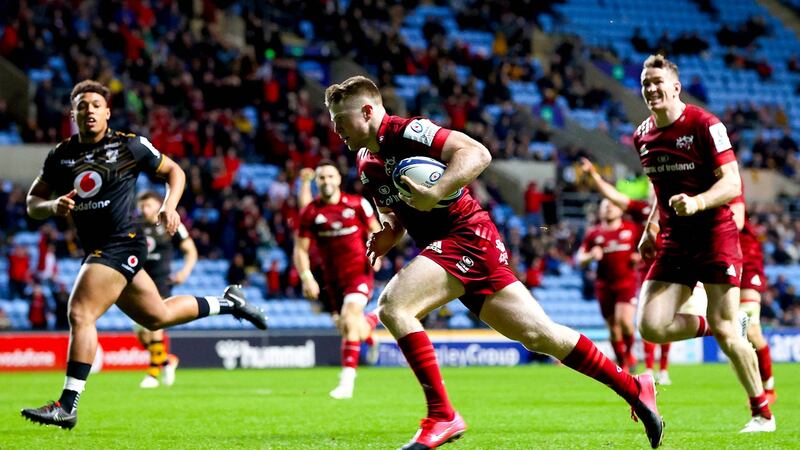 Patrick Campbell scoots in to score for Munster in their win over Wasps. Photograph: Ryan Byrne/Inpho