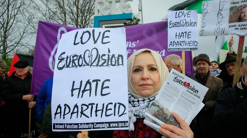 Ireland-Palestine Solidarity Campaign chairwoman Fatin Al Tamimi during a Boycott Eurovision protest outside RTÉ Studios, Dublin.  Photograph: Gareth Chaney/Collins
