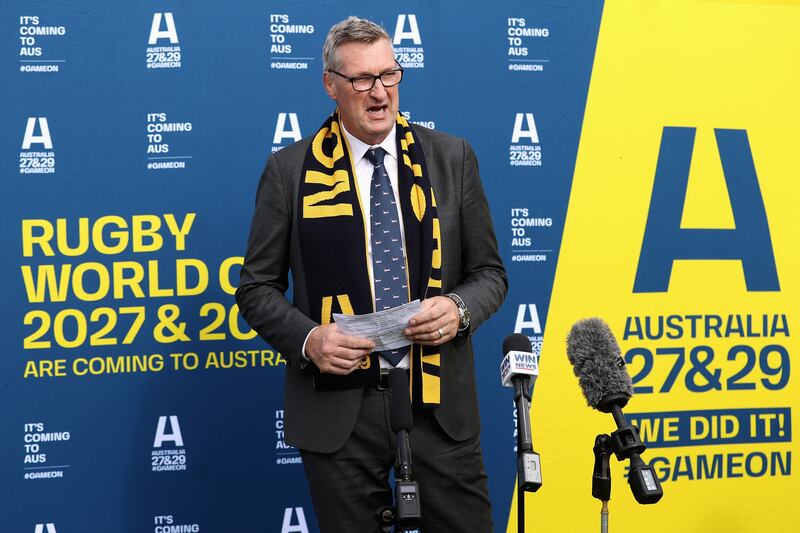 Justin Harrison, chief executive of the Rugby Union Players' Association (Rupa) at an event announcing Australia winning their Rugby World Cup 2027 & 2029 bid in Canberra. Photograph: Cameron Spencer/Getty Images for Rugby Australia