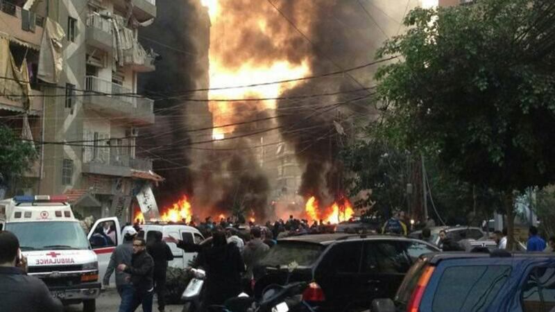 The aftermath of a fatal explosion in Beirut’s southern suburbs today. The powerful blast struck a stronghold of the Shia group Hizbullah. Photograph: Jamal Sahili/Reuters