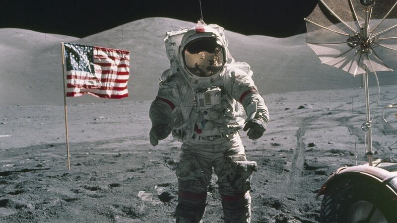 In this December 12th, 1972 photograph,  Apollo 17 commander Eugene Cernan stands on the moon.  Photograph: Nasa via AP