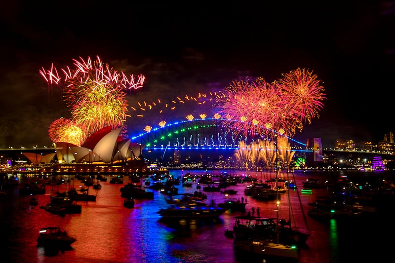 Fireworks explode over the Sydney Harbour Bridge and Sydney Opera House during New Year's Eve celebrations in Sydney. Photograph: Izhar Khan/AFP