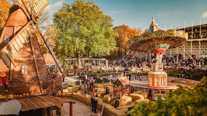 The  Tivoli Gardens in central Copenhagen, a popular park with amusements, stalls and lots to eat and drink
