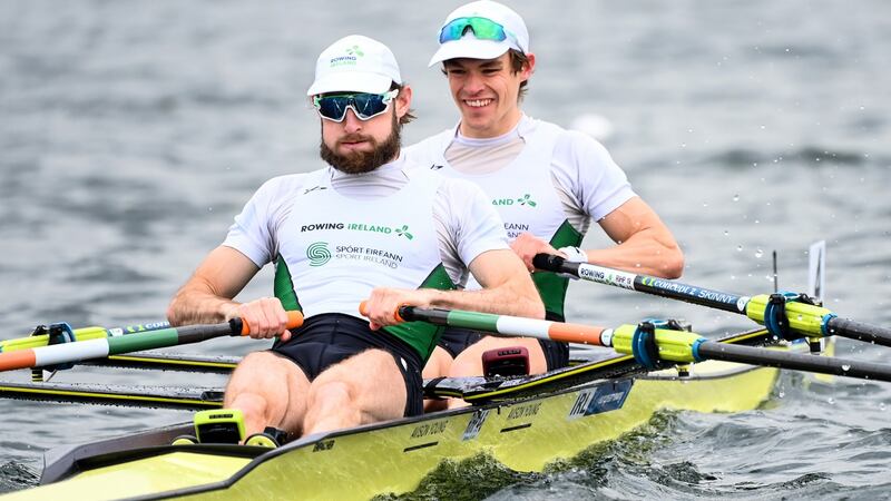 Ireland’s Paul O’Donovan and Fintan McCarthy on the way to qualifying for the A/B semi-final at the 2021 European Rowing Championships in  Varese, Italy in April. Photograph: Detlev Seyb/Inpho