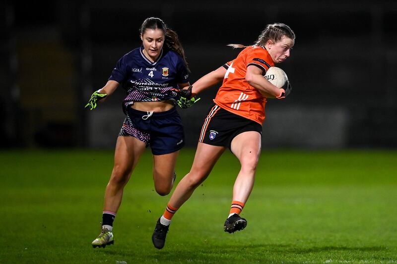 Aoife McCoy of Armagh in action against Ella Brennan of Mayo. Photograph: David Fitzgerald/Sportsfile