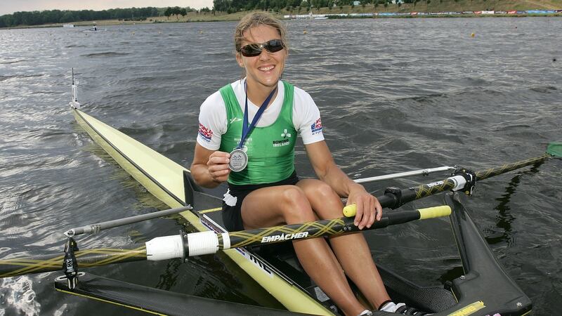 Sinéad Jennings  celebrates after winning a silver medal in the Women’s Lightweight Single Sculls at the Rowing World Cup in 2008. Photograph: Getty Images