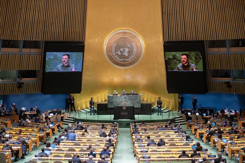 Volodymyr Zelenskiy addresses the United Nations General Assembly In New York on Tuesday. Photograph: Jeenah Moon/Bloomberg