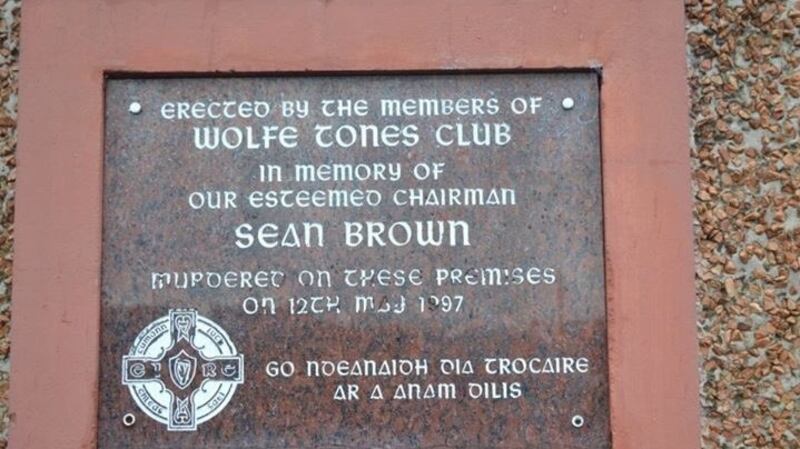 Memorial outside Bellaghy GAA club in memory of murdered former chairman, Sean Brown