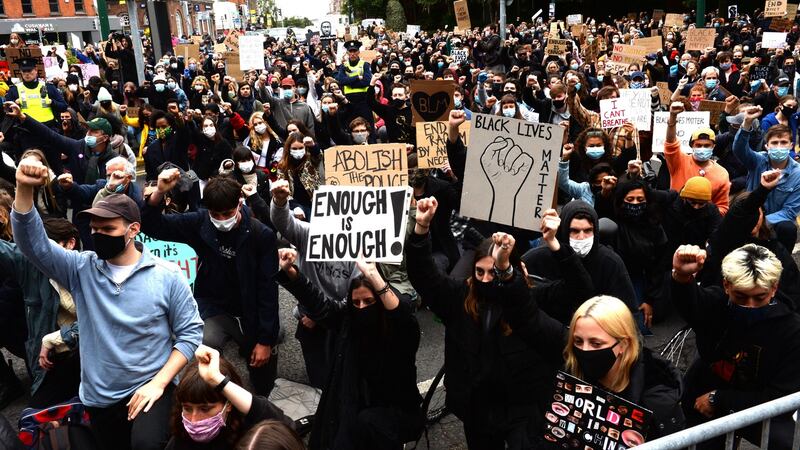 Demonstrators at the Black Lives Matter protest outside the US embassy, in Ballsbridge, Dublin. Photograph: Dara Mac Dónaill