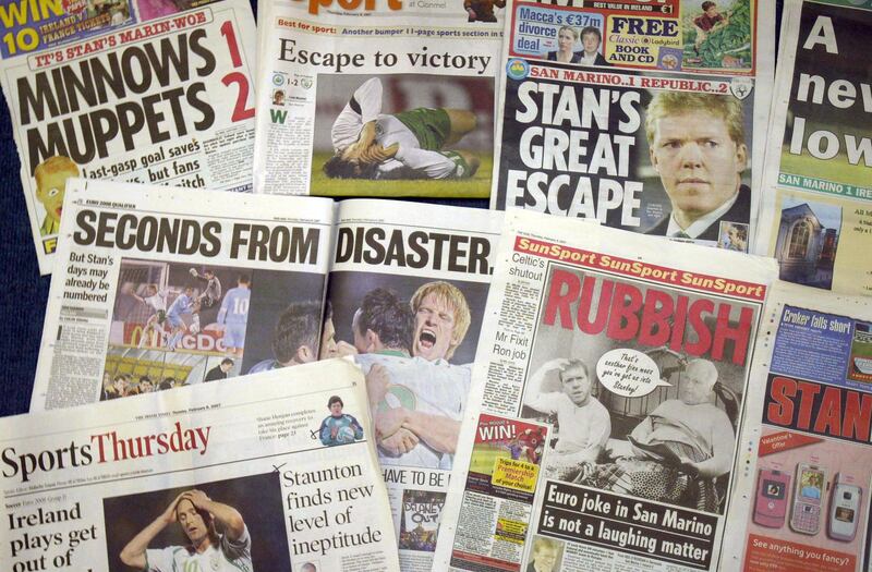 Reaction to Republic of Ireland's 2-1 win over San Marino in the paper headlines. Photograph: Lorraine O'Sullivan/Inpho