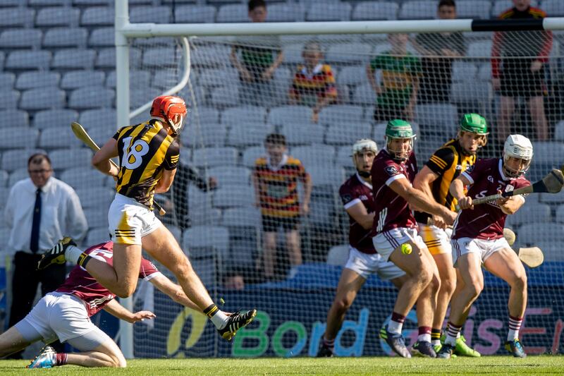 Kilkenny’s Cillian Buckley scores the winning goal with the last action of the Leinster SHC Final against Galway. Photograph: Morgan Treacy/Inpho