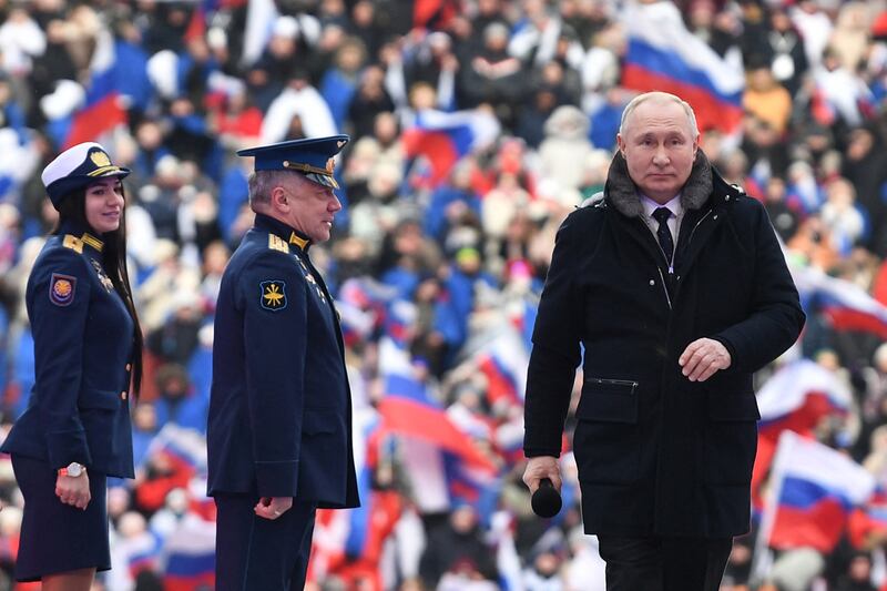 Russian President Vladimir Putin attends a patriotic concert dedicated to the upcoming Defender of the Fatherland Day, at the Luzhniki stadium in Moscow on February 22nd, 2023. Photograph: Maksim Blinov/Sputnik/AFP via Getty Images