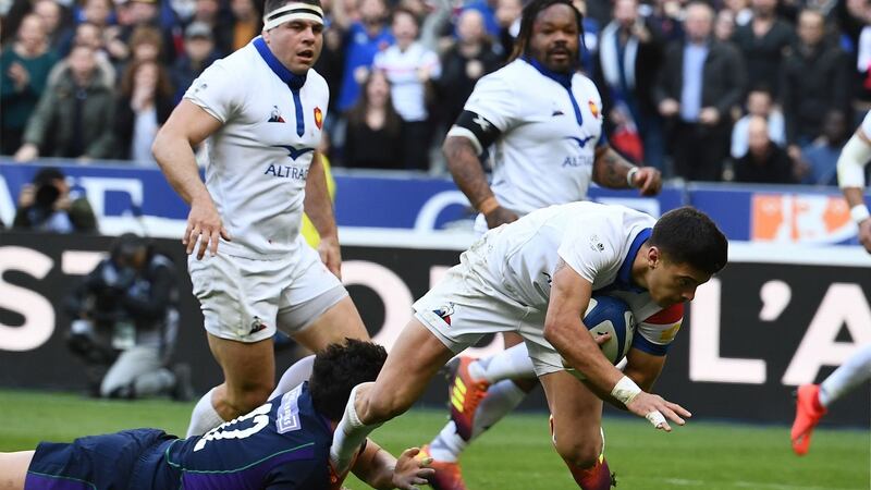 France outhalf Romain Ntamack scores the opening  try. Photograph: Anne-Christine Poujoulat/Getty Images