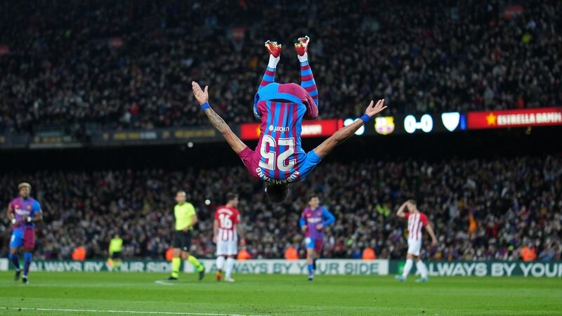 Pierre-Emerick Aubameyang celebrates a goal for  Barcelona against  Athletic Bilbao. The former Arsenal striker is thriving at the  Camp Nou since his arrival on a free transfer. Photograph:  Alex Caparros/Getty Images