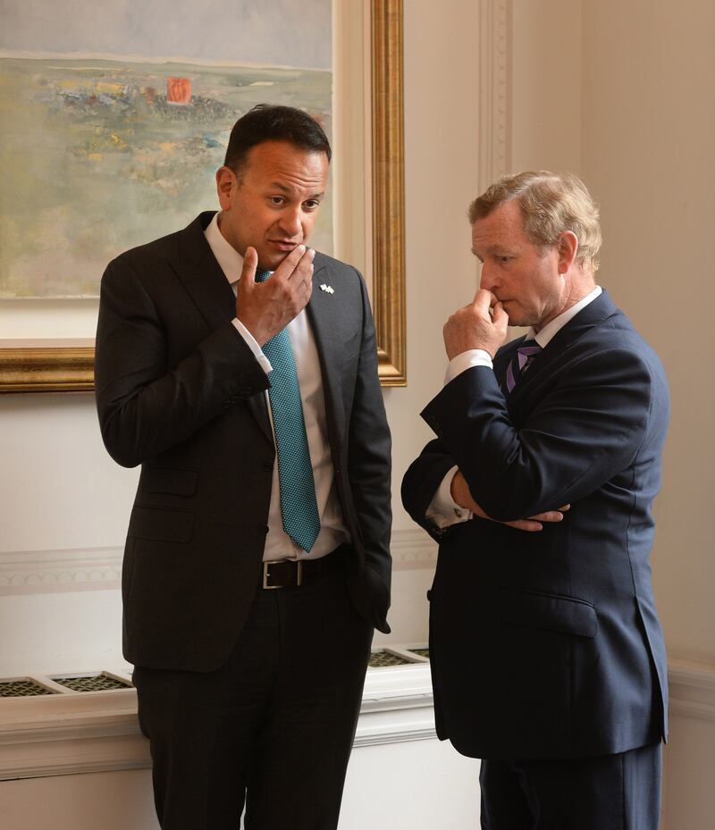 Former Fine Gael leader and taoiseach Enda Kenny with his successor, Leo Varadkar, in 2018. Photograph: Dara Mac Dónaill