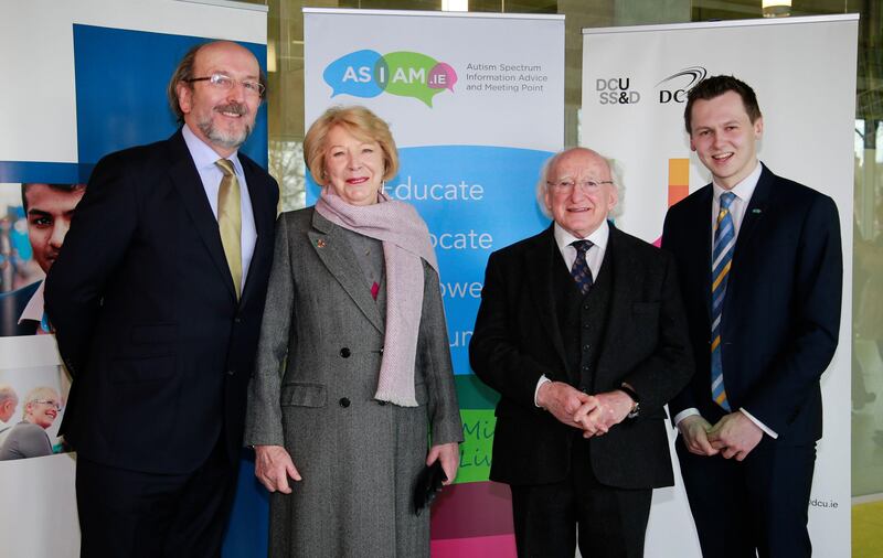 DCU was recently designated the world’s first autism-friendly university. Pictured are Prof Brian MacCraith, president of DCU; Sabina Higgins and President Michael D Higgins; and Adam Harris.