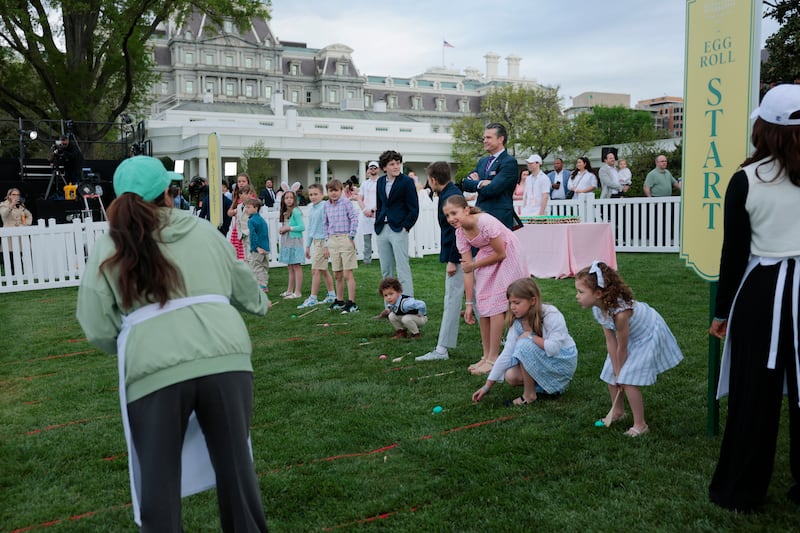 US defence secretary Pete Hegseth watches children participate in the White House Easter Egg Roll on the South Lawn of the White House  in Washington, DC, on Monday. Photograph: Anna Moneymaker/Getty