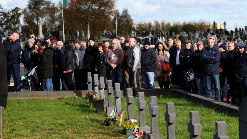 People attend a controversial commemoration at Milltown Cemetery in west Belfast for Shankill Road bomber Thomas Begley. Photograph: Peter Morrison/PA