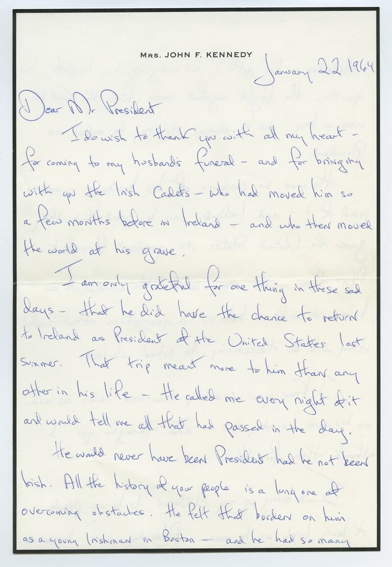 Letter from Jackie Kennedy to Éamon de Valera after the funeral of JFK