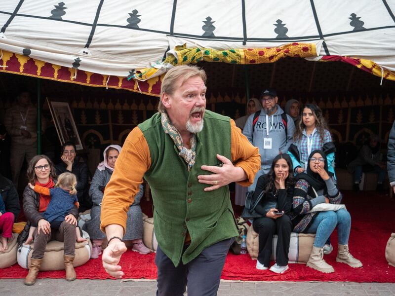 Marrakesh International Storytelling Festival 2023: Colin Urwin in the event tent on Jemaa el-Fna. Photograph: Noel Sweeney