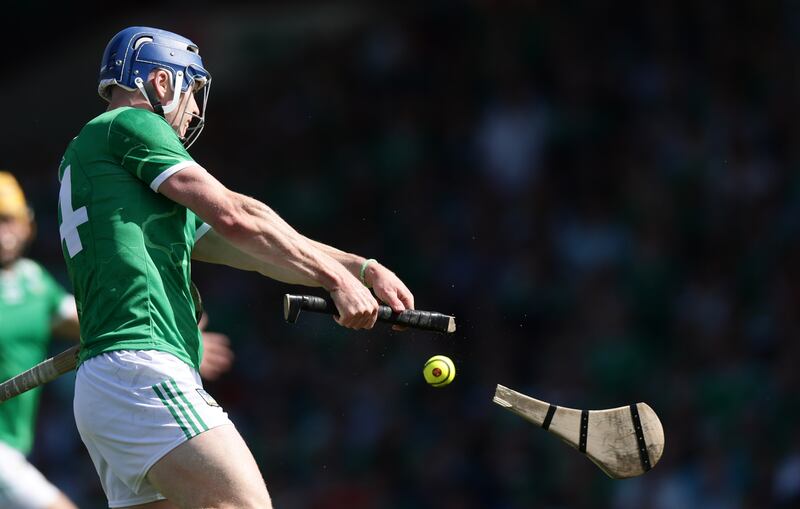 Limerick's Shane O Brien sees his hurley break in two as he attempts a shot. Photograph: Tom Maher/Inpho